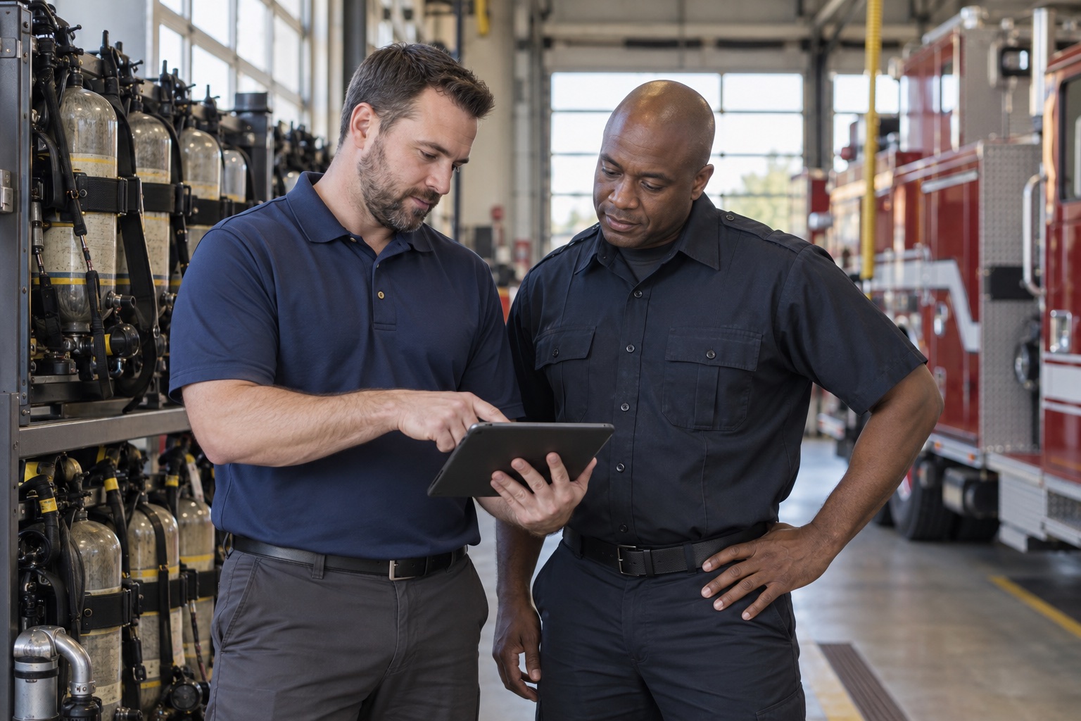 Illustration of an equipment distributor and fire department officer reviewing a tablet beside breathing-air cylinders