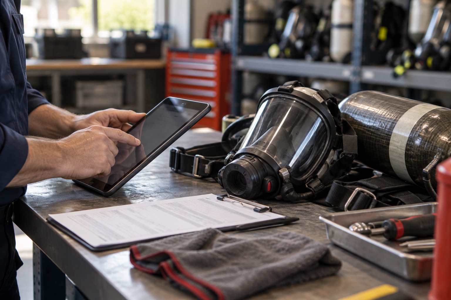 Illustration of a service professional reviewing a tablet beside an SCBA mask and breathing-air cylinder on a workshop bench