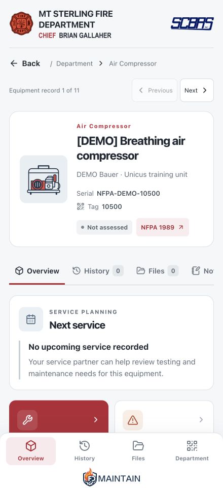 NFPA Scans equipment record with service request, fault reporting, and document access